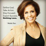 A woman in a white shirt with a quote that says define goal take action stay focused expect nothing less.